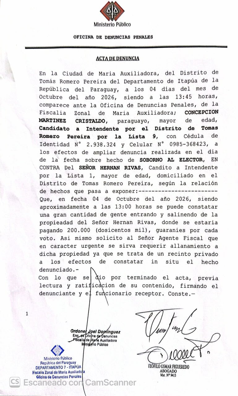 Denuncia ante la Fiscalía sobre supuesta compra de votos por parte del padre del senador Hernán Rivas.
