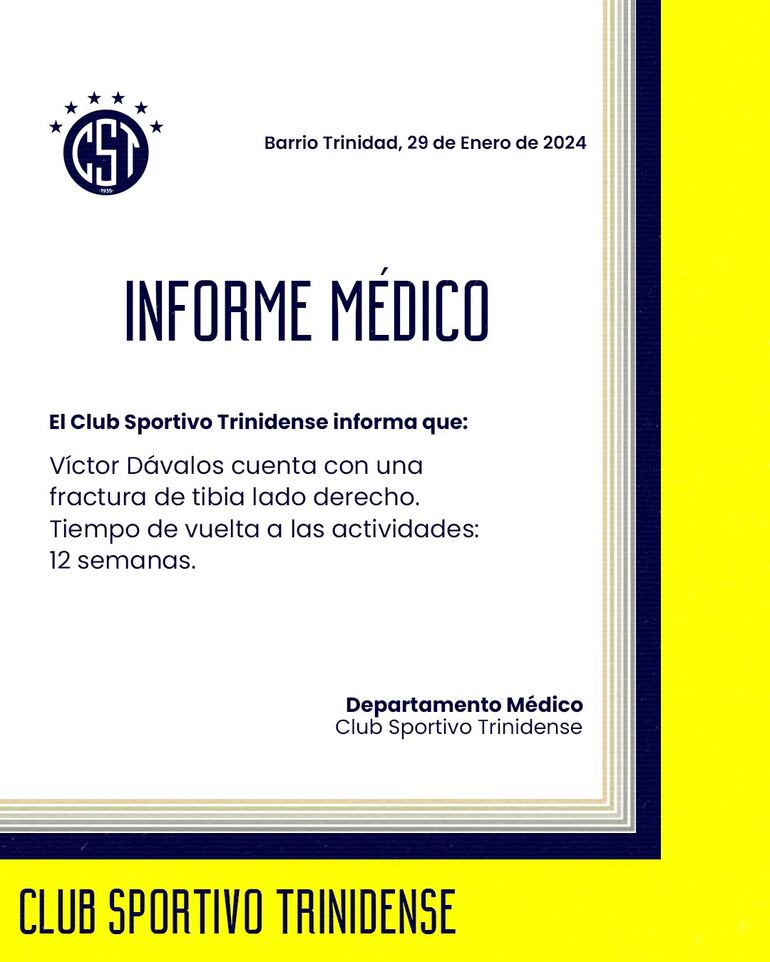 El informe médico de la lesión de Víctor Dávalos.
