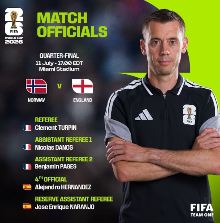 Equipo arbitral para el partido Noruega vs. Inglaterra.