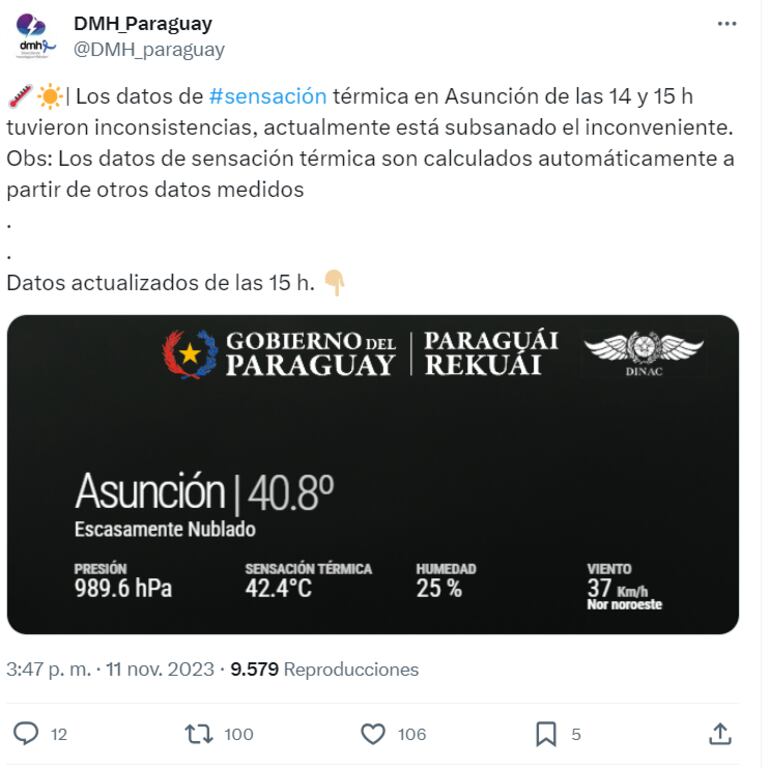 Comunicado de la Dirección de Meteorología donde dan aviso que la sensación térmica de 60° publicada en la página web se dio debido a inconsistencias.