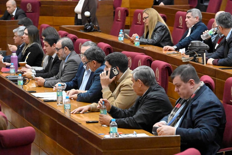 Dalia Marlene Estigarribia y Dionisio Amarilla en salón legislativo, vistiendo trajes formales, con expresión tranquila en un ambiente protocolar.