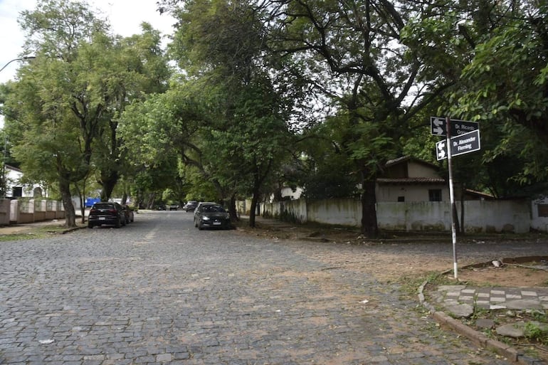 Calle adoquinada flanqueada por árboles, sin personas visibles. Casa con techo de tejas a la derecha y vehículos estacionados.