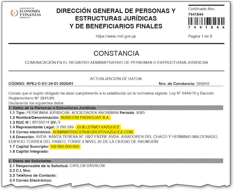 La documentación de Nubicom Paraguay SRL en el MEF revela el claro nexo con el Grupo Vázquez