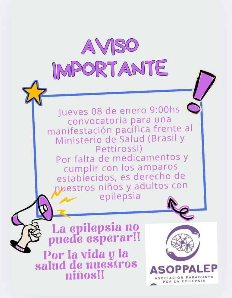 La Asociación Paraguaya por la Epilepsia (Asoppalep) anunció una manifestación pacífica para este jueves frente al Ministerio de Salud.