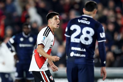 River Plate's midfielder #26 Tomas Galvan celebrates scoring his team's third goal during the Argentine Professional League 2026 Clausura tournament football match between River Plate and Independiente Rivadavia, at the Monumental Mas stadium in Buenos Aires on September 6, 2026. (Photo by Alejandro PAGNI / AFP)
