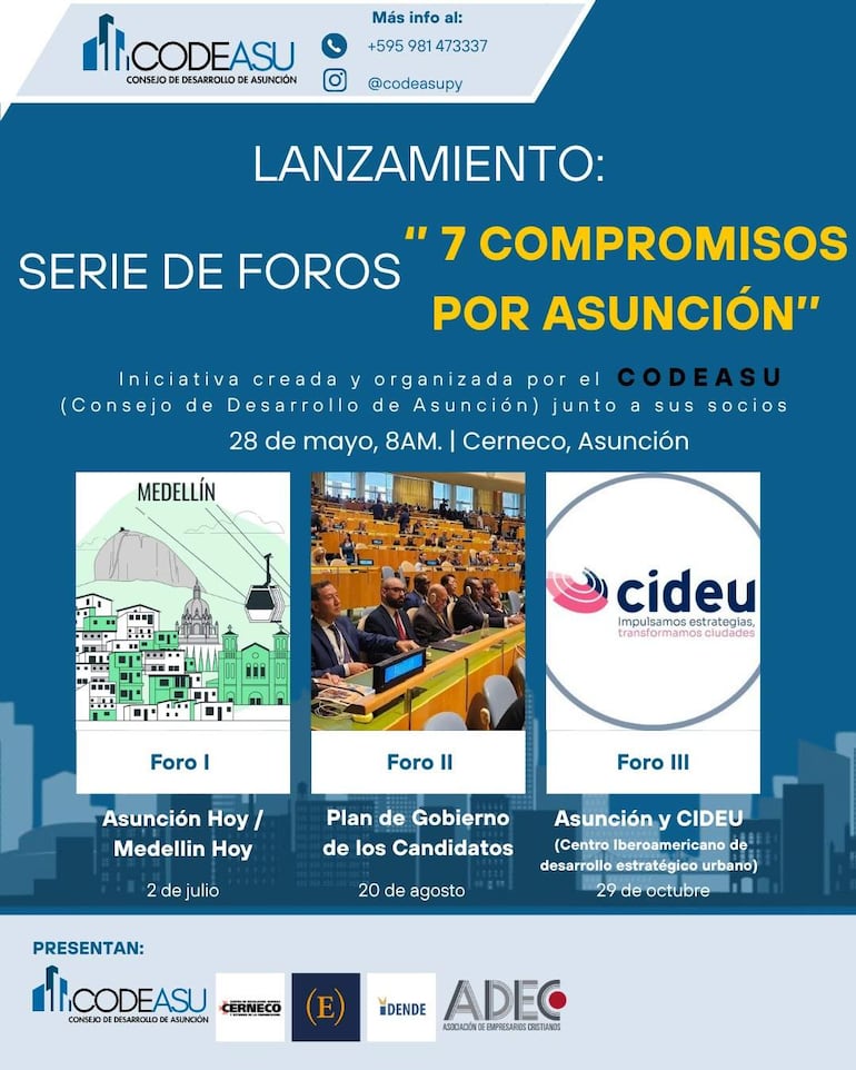 Cartel promocional del lanzamiento de foros, con detalles sobre CODEASU y fechas de eventos, ambientación formal.