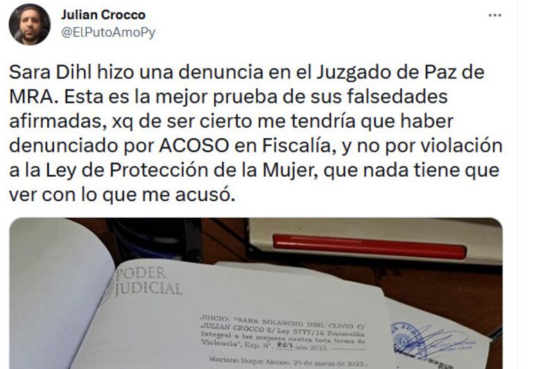 Posteo de Crocco tras enterarse de la orden judicial. Según Lansac, este sería un claro desacato a la orden del juzgado.