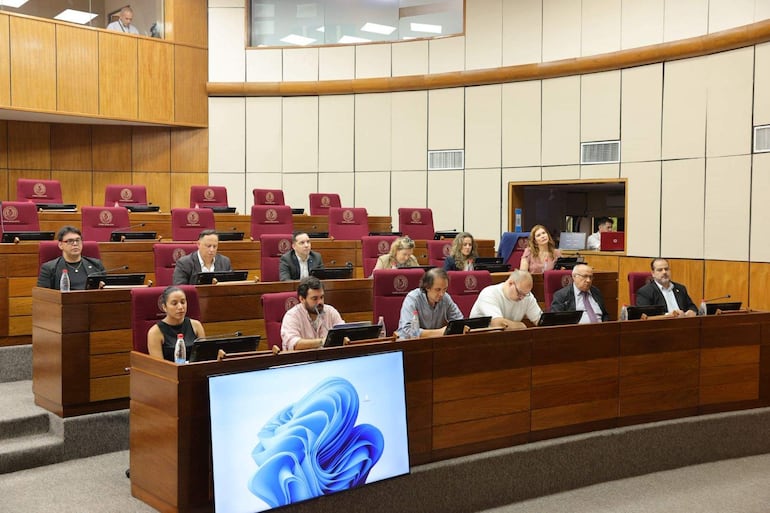 Varias personas sentadas en el recinto legislativo, atentos, algunos tomando notas. Ambiente ordenado con asientos burdeos y pantalla al fondo.