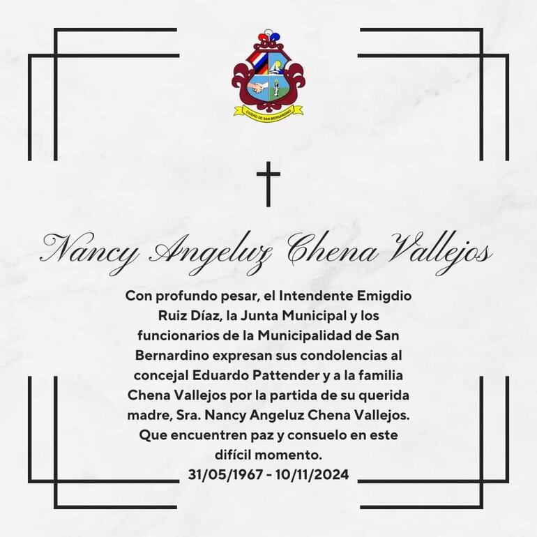 La Municipalidad de San Bernardino confirmó el fallecimiento de Nancy Chena.