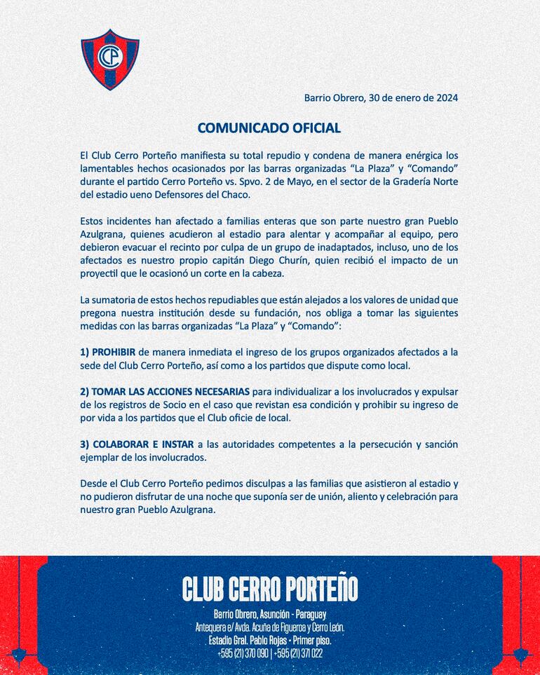 El comunicado de Cerro Porteño después de la suspensión del partido vs. 2 de Mayo por la batalla campal de los barras.