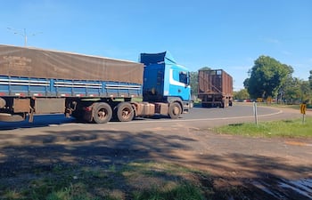Dos camiones de carga en carretera, uno en movimiento, vegetación al fondo bajo un cielo azul.
