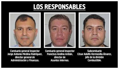 Comisario general inspector Jorge Antonio Medina Rodríguez, director general de Administración y Finanzas; comisario general inspector Francisco Andino Ardián, director de Asuntos Internos, y subcomisario César Adolfo Hermosilla Álvarez, jefe de la división Combustible.