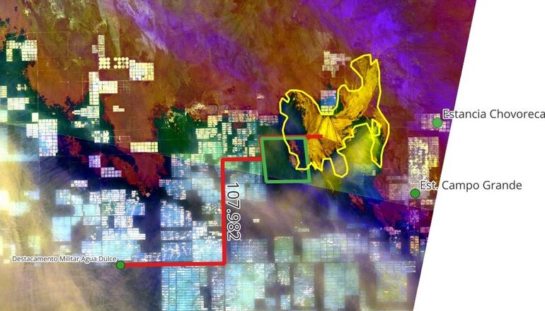 Mala satelital de la afectación del incendio (amarillo) y de las tierras de la comunidad ayoreo (cuadro verde).
