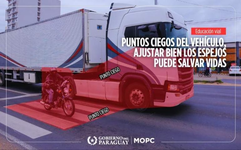 Camión de gran porte detenido, colores rojo y azul, motociclista frente a él en cruce peatonal, enfatizando la educación vial.