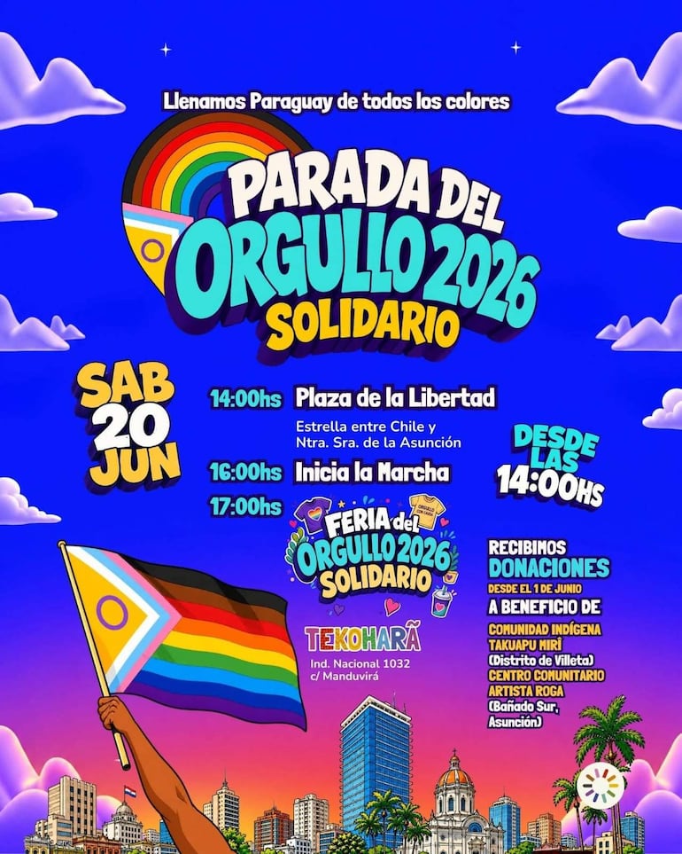 Cartel colorido de la Parada del Orgullo 2026 en Plaza de la Libertad, anunciando horarios y causa solidaria.