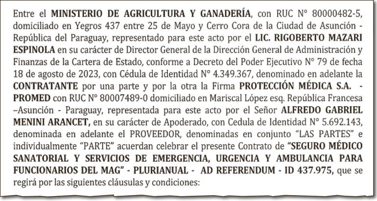 Parte del contrato de seguro médico que suscribió la cartera agrícola con la firma Protección Médica SA.