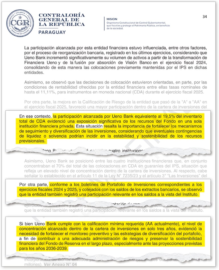 Página 34 del informe de la CGR en el cual se describe de manera detallada el caso de Ueno Bank.