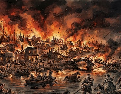 Ilustración que recrea el incendio de Peshtigo en 1871.
