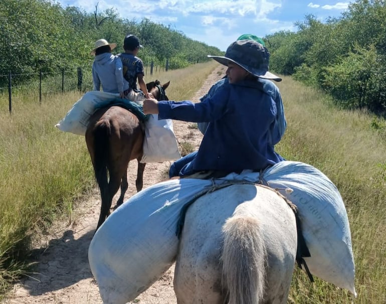 Los propios niños de la zona, que serán los alumnos, ayudando a llevar las cargas y los útiles escolares.