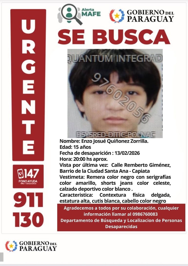 Foto de Enzo Josué Quiñonez Zorrilla, adolescente desaparecido