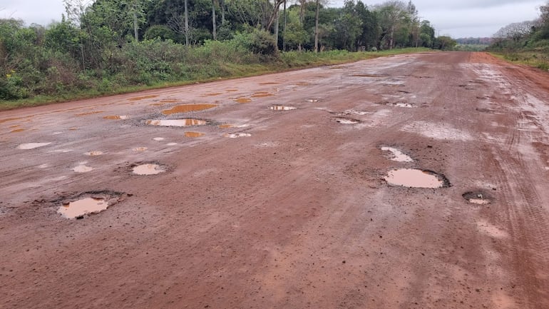 Carretera deteriorada con baches y agua encharcada a su alrededor, en un entorno rural con vegetación.