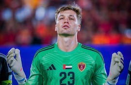El paraguayo Facundo Insfran, arquero de Al-Wahda de Emiratos Árabes Unidos, antes del partido contra Nasaf por la segunda fecha del Grupo A de la Liga de Campeones 2 de Asia.