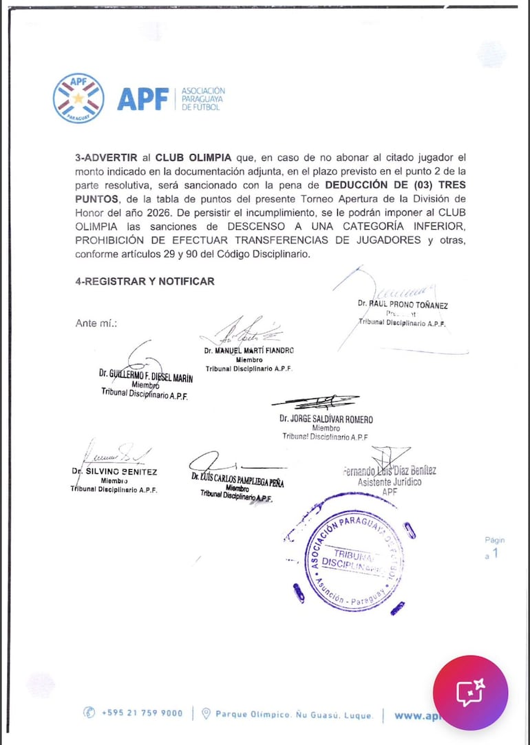 Resolución del Tribunal Disciplinario de la Asociación Paraguaya de Fútbol contra el Club Olimpia.