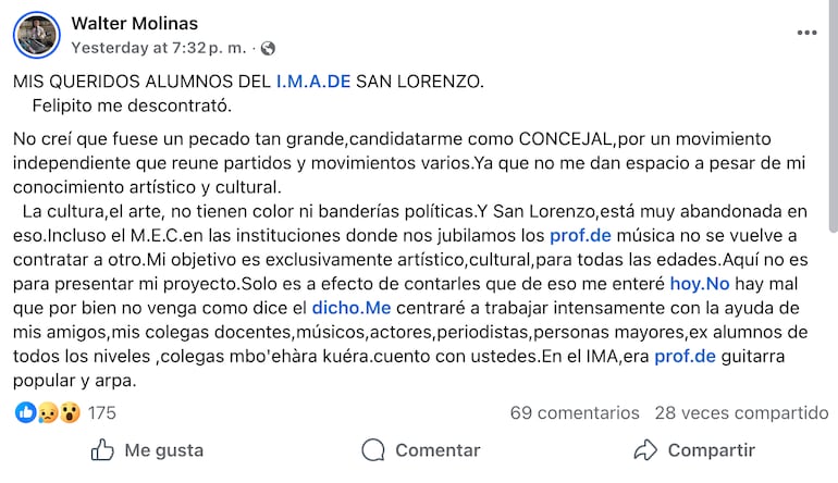 Docente del IMA de San Lorenzo denuncia supuesta persecución política.