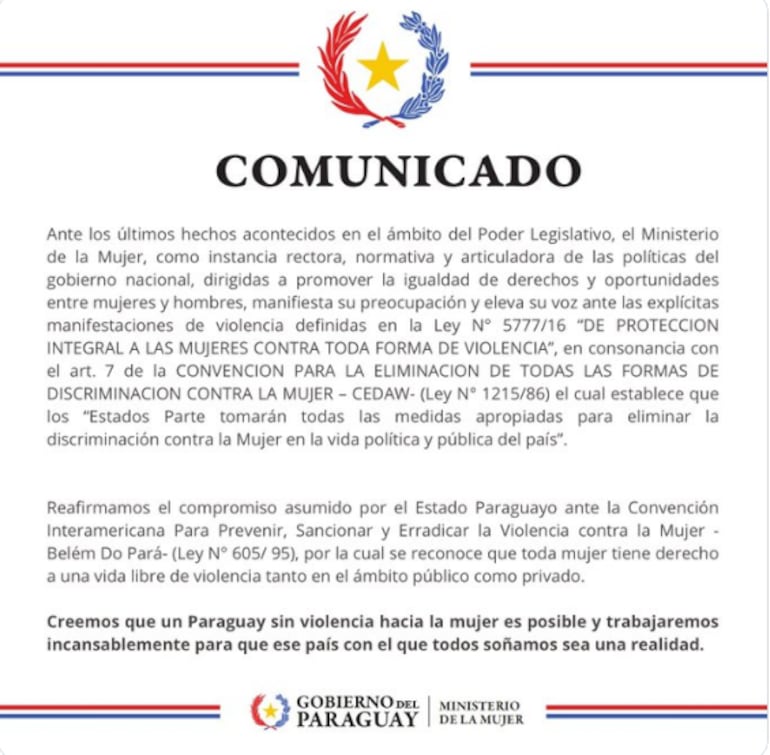 Comunicado del Ministerio de la Mujer.