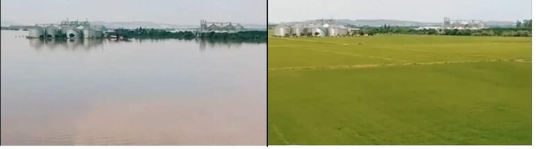 Captura de video de @agrobatidao, hecho en 360°, de un establecimiento arrocero, antes y después de las inundaciones.