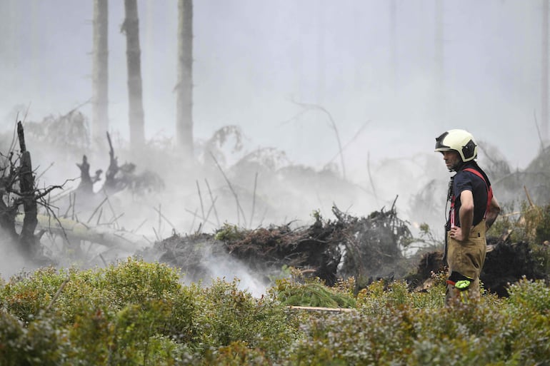Un bombero reacciona mientras emana humo de la vegetación quemada durante las operaciones contra un incendio forestal en la reserva natural de Hautes Fagnes (High Fens), cerca de Baelen, el 18 de agosto de 2026.(Photo by JOHN THYS / AFP)