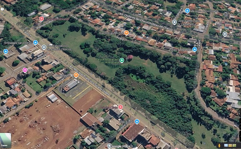 Vista satelital del Parque urbano Mbaracayú de Ciudad del Este.