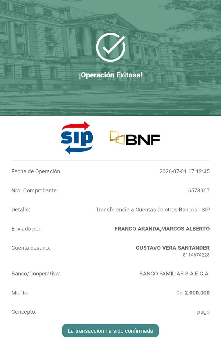 Documento con detalles de transferencia bancaria, destacando el monto y los involucrados en la transacción.