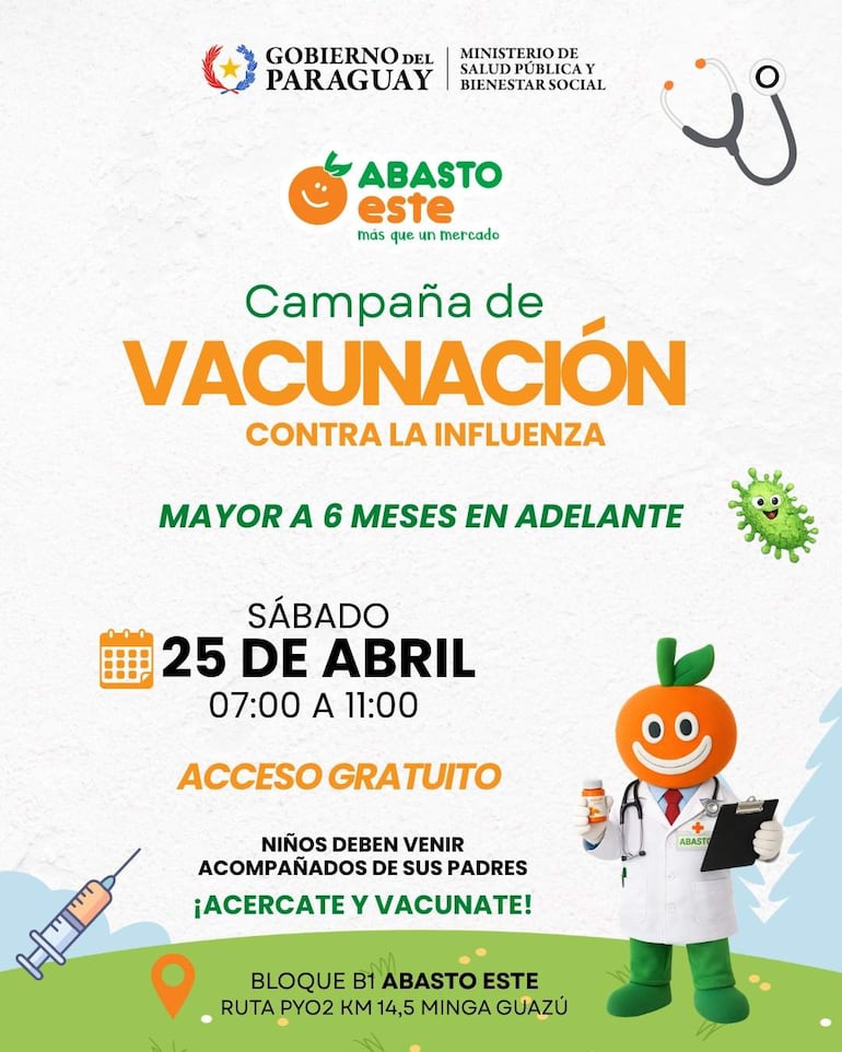 Cartel colorido de campaña de vacunación con personaje médico y detalles de evento, sin personas visibles.