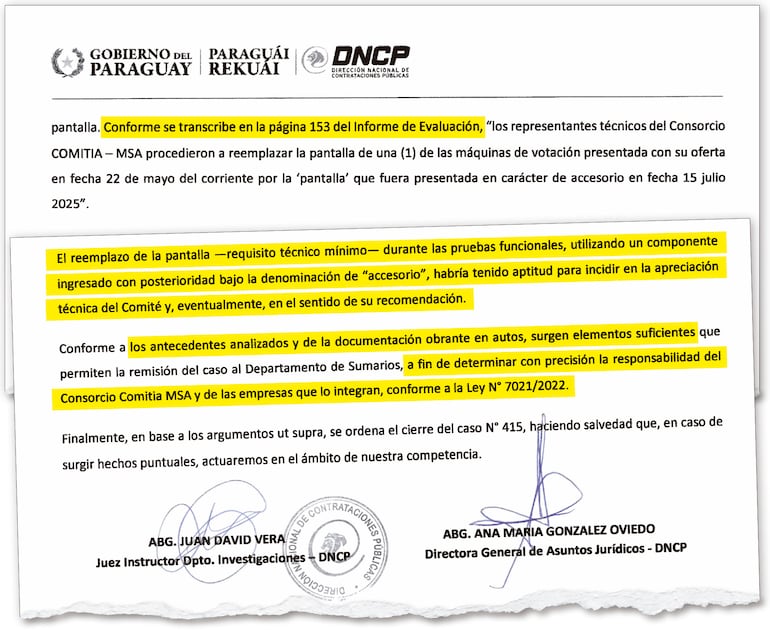 Asuntos jurídicos de la DNCP expone los antecedentes y documentos, que la Justicia Electoral llamativamente pasó de largo y no denunció ante Contrataciones Públicas de manera inmediata.