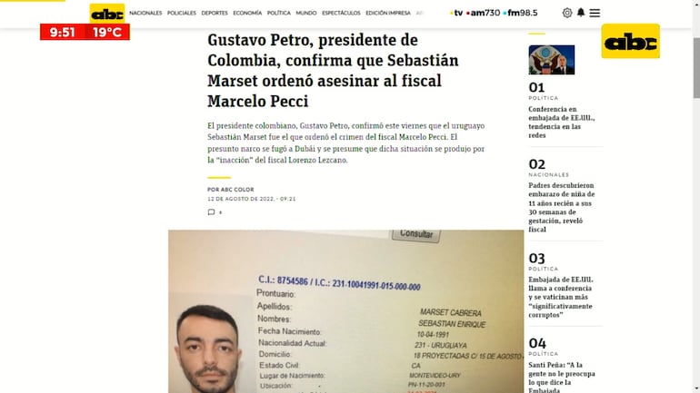 Titular del presidente colombiano acusando a Marset de haber ordenado la muerte de Pecci.