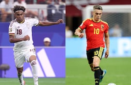El delantero de España, Lamine Yamal, y el delantero de Bélgica, Leandro Trossard (D), dos de los protagonistas que tendrá el duelo entre España y Bélgica, por los cuartos de final del torneo de fútbol de la Copa Mundial 2026 en el Los Angeles Stadium en Inglewood.