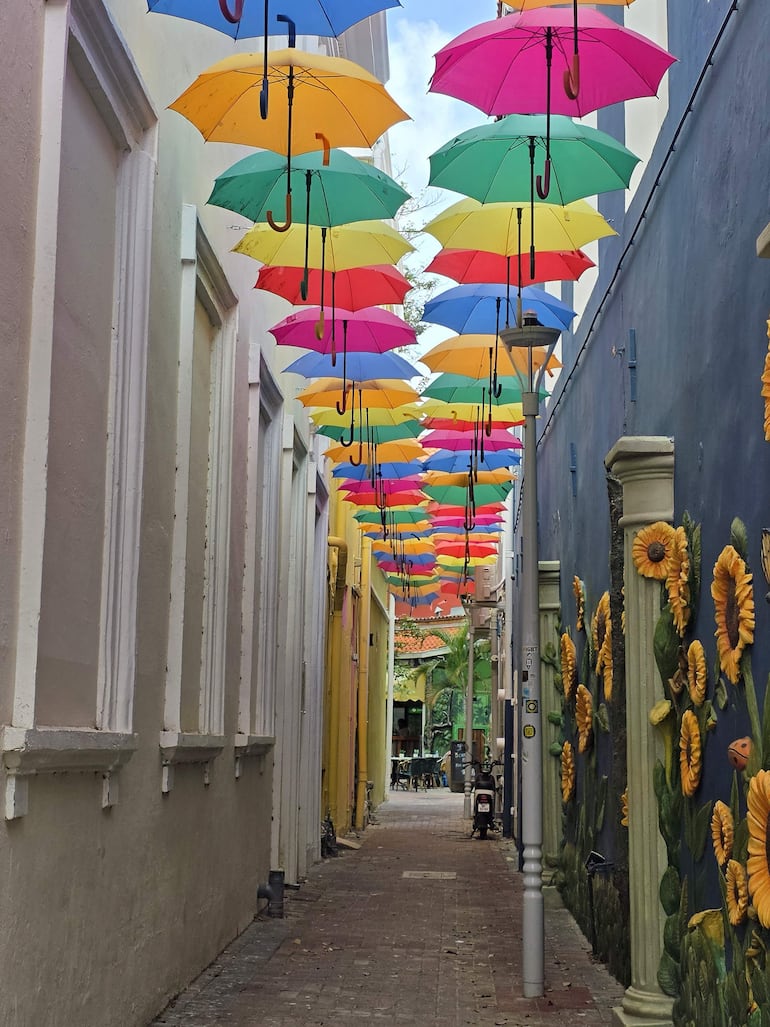 Pasillo estrecho con paraguas multicolores suspendidos, flanqueado por edificios de tonos neutros y un fresco de girasoles.