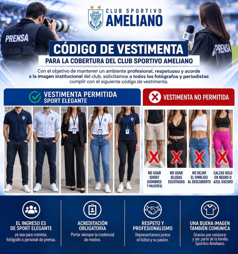 Fotógrafo con cámara en evento de Sportivo Ameliano, mostrando ejemplos de vestimenta permitida y no permitida.