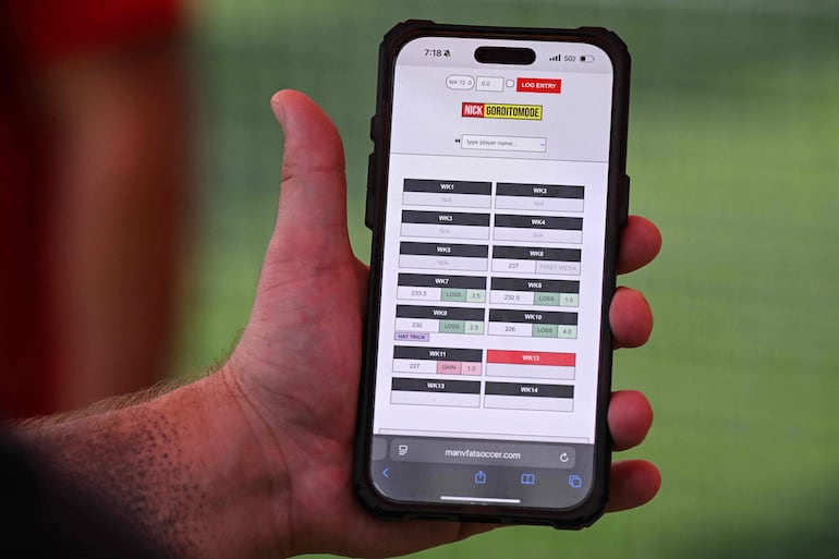 El entrenador Zachary Beardsley muestra el registro de peso de un jugador, que se actualiza cada semana y del cual se contabilizan puntos en el programa de pérdida de peso “Man vs Fat Soccer”, en Houston, Texas, el 5 de mayo de 2026.