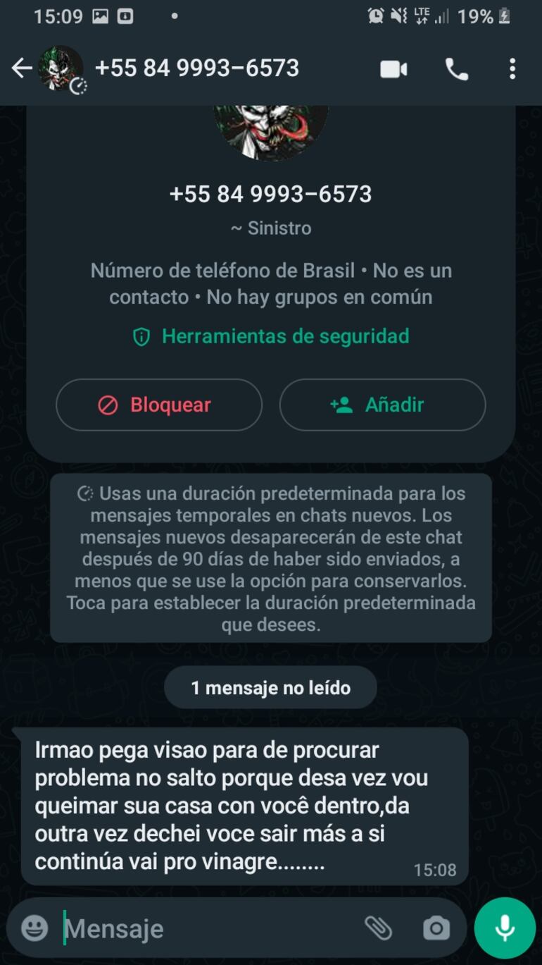 Mensaje vía WhatsApp que recibió Juan Alcaraz.