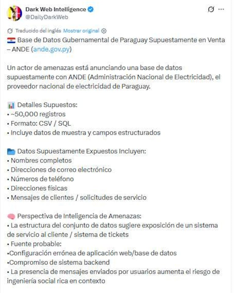 Tuit sobre la venta de datos de la ANDE en la Dark Web, sin personas visibles en la imagen.