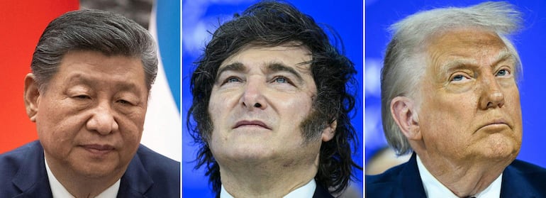 Los presidentes: Xi Jinping (I), de China; Javier Milei, de Argentina; y Donald Trump (d), de Estados Unidos. (AFP)