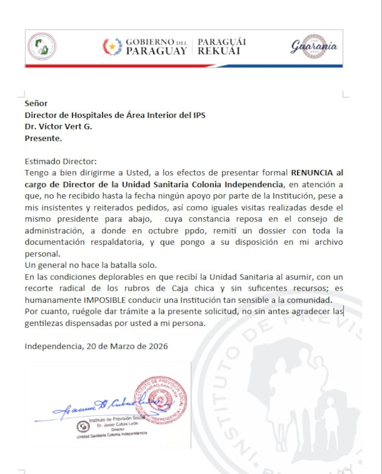 El Dr. Javier Codas presentó su renuncia como director de la Unidad Sanitaria del IPS en Colonia Independencia.