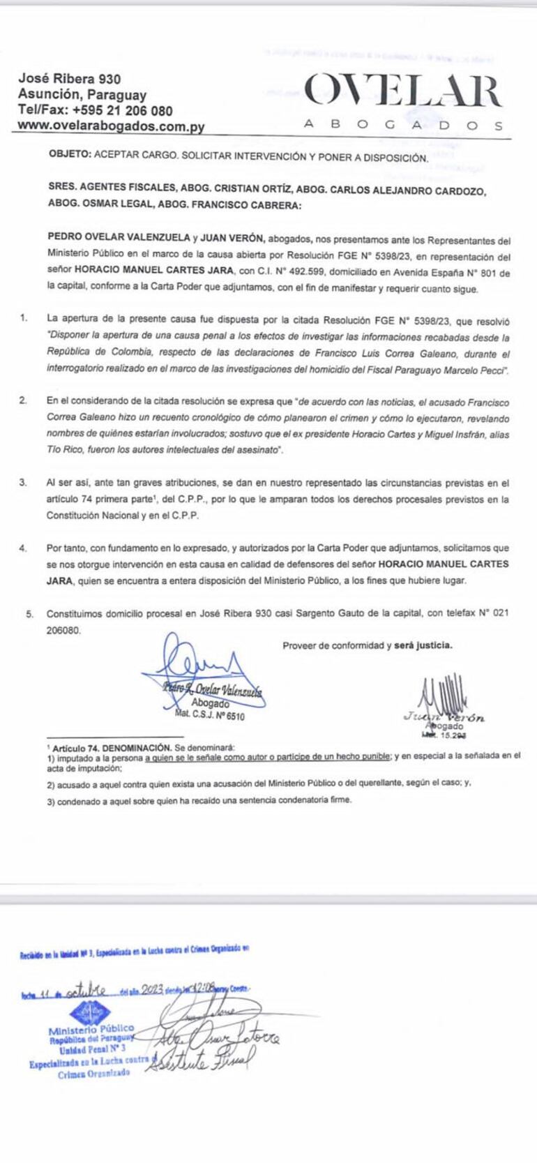 Horario Cartes se pone a disposición de la Fiscalía por caso Marcelo Pecci.