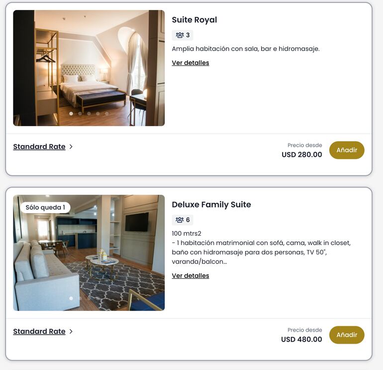 Precios de las habitaciones y suites del hotel Bisinii.