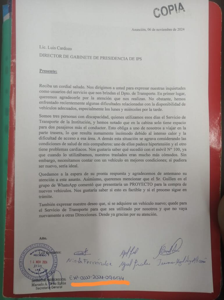 Asegurados de IPS con discapacidad motriz enviaron una nota denunciando el pésimo estado de los móviles del servicio de transporte y solicitando vehículos con condiciones adecuadas para el traslado de pacientes.