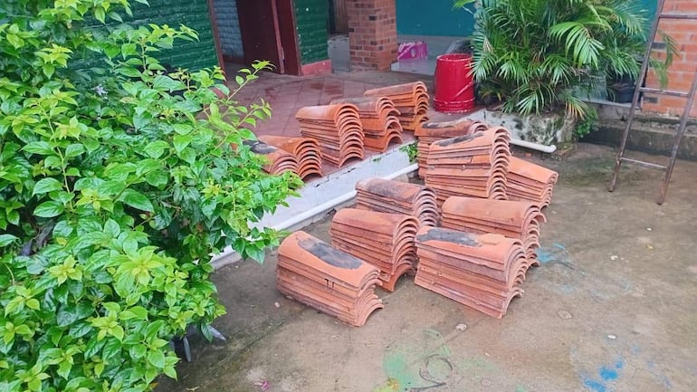 Tejas de terracota apiladas en el suelo, con vegetación y una escalera de metal al fondo.