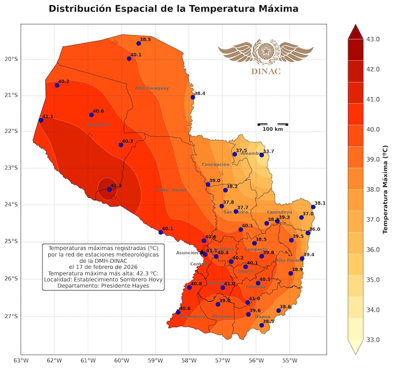 Mapa de calor y las máximas registradas ayer en todo el país.