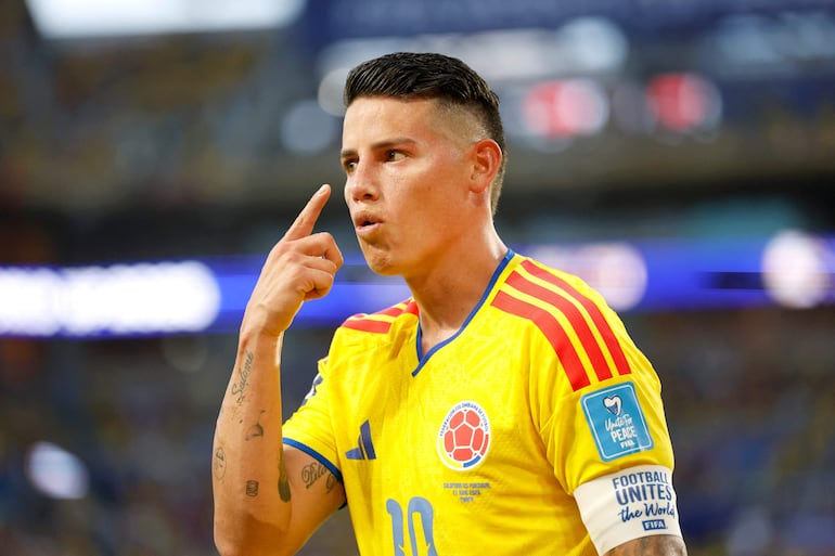 James Rodríguez de Colombia reacciona durante el partido del Grupo K de la Copa Mundial de la FIFA 2026 entre Colombia y Portugal en el Miami Stadium en Miami Gardens, Florida.
